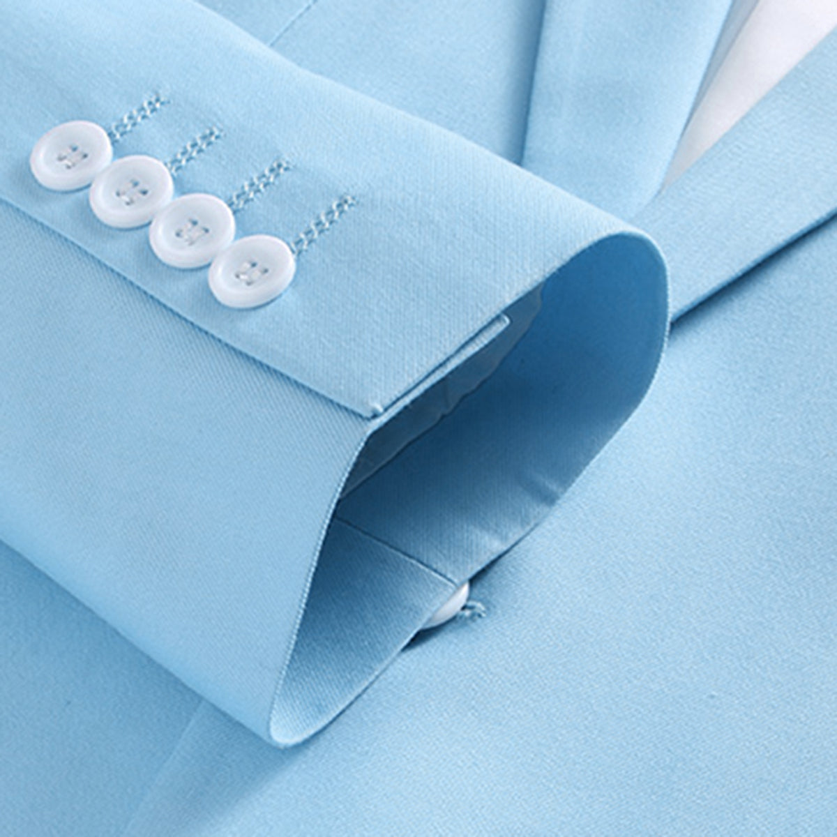 Light Blue # Men's slim fit 2-piece casual suit with peaked lapel and simple elegant design, light blue formal blazer jacket with four-button sleeves and matching flat-front trousers with extended waist strap for business, office, wedding and daily wear, isolated on white background.