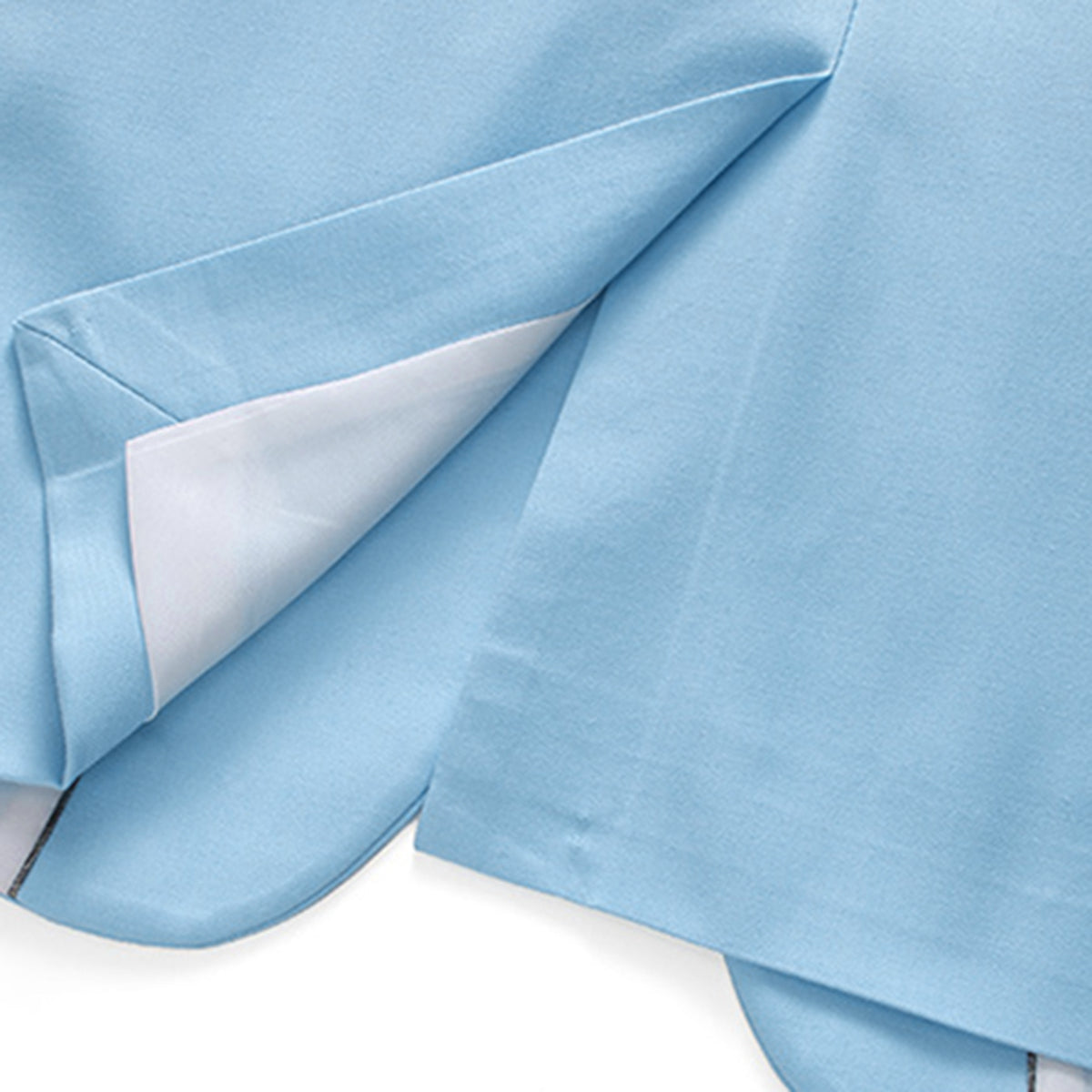 Light Blue # Men's slim fit 2-piece casual suit with peaked lapel and simple elegant design, light blue formal blazer jacket with four-button sleeves and matching flat-front trousers with extended waist strap for business, office, wedding and daily wear, isolated on white background.