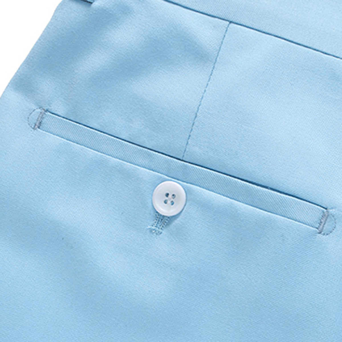 Light Blue # Men's slim fit 2-piece casual suit with peaked lapel and simple elegant design, light blue formal blazer jacket with four-button sleeves and matching flat-front trousers with extended waist strap for business, office, wedding and daily wear, isolated on white background.