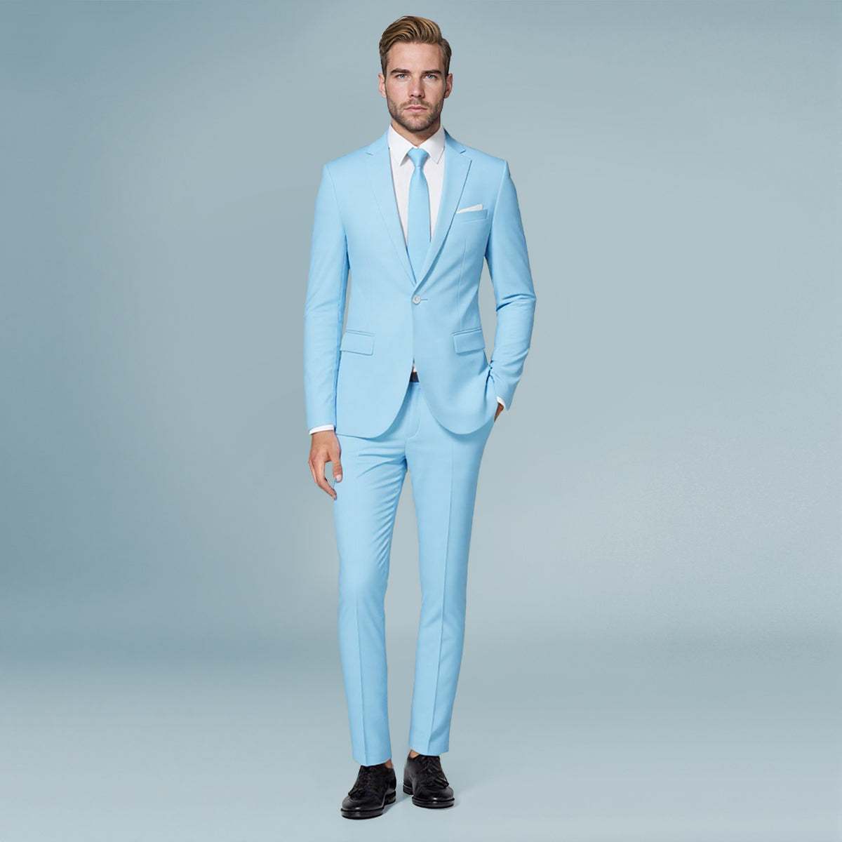 Light Blue # Men's slim fit 2-piece casual suit with peaked lapel and simple elegant design, light blue formal blazer jacket with four-button sleeves and matching flat-front trousers with extended waist strap for business, office, wedding and daily wear, isolated on white background.