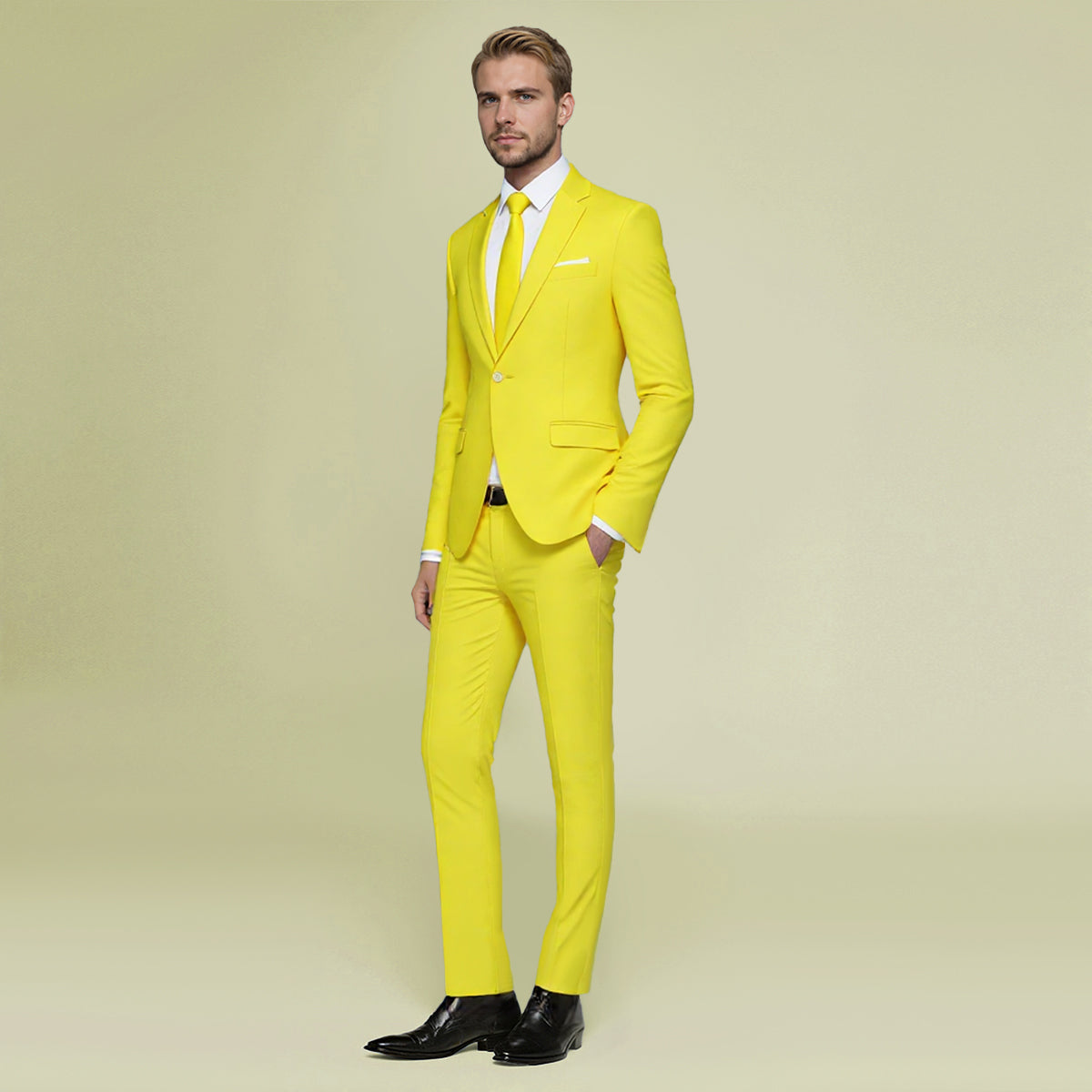 Light Yellow # Men's slim fit 2-piece casual suit with peaked lapel and simple elegant design, light yellow formal blazer jacket with four-button cuffs and matching flat-front trousers with extended waist strap for business, office, wedding and daily wear, isolated on white background.