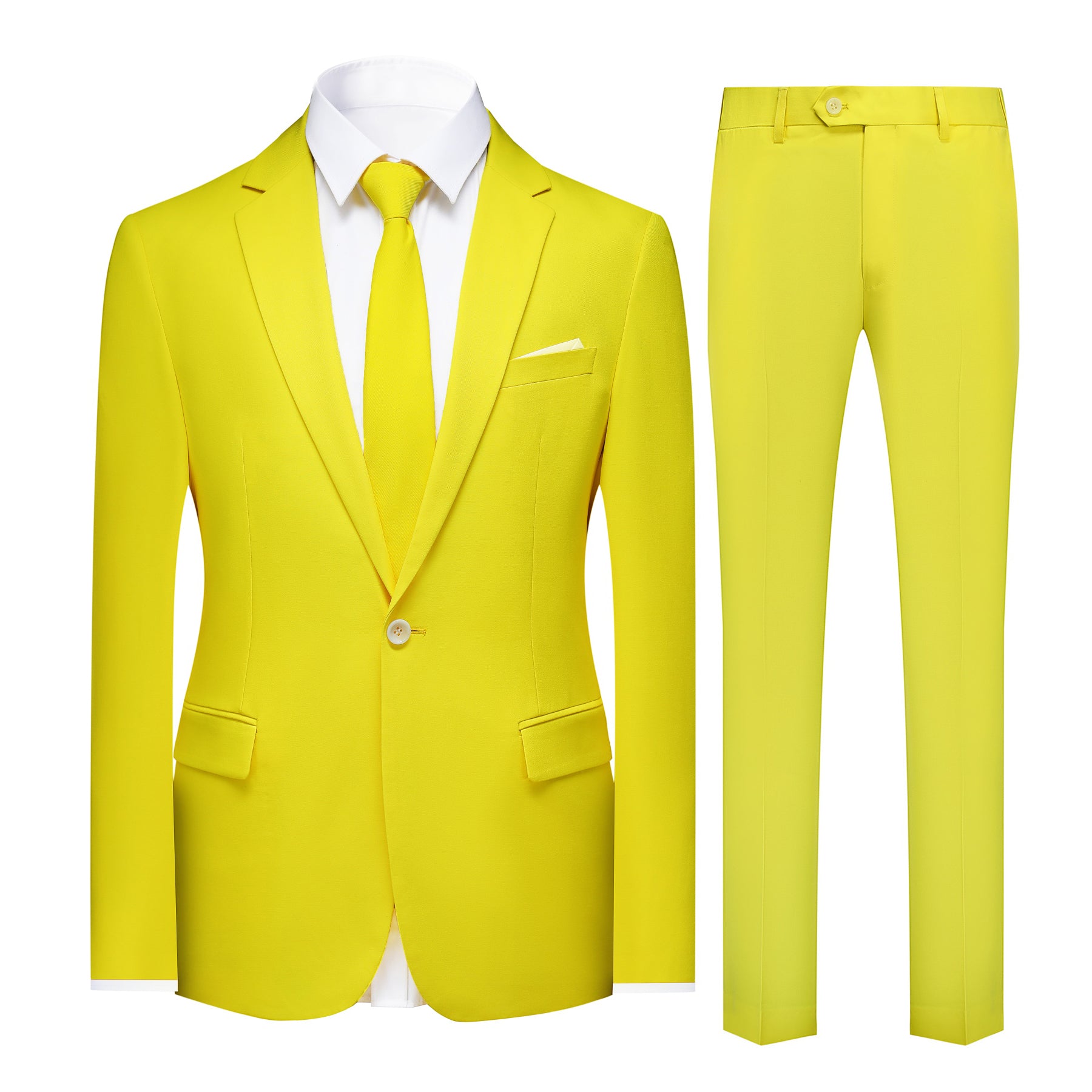 Light Yellow # Men's slim fit 2-piece casual suit with peaked lapel and simple elegant design, light yellow formal blazer jacket with four-button cuffs and matching flat-front trousers with extended waist strap for business, office, wedding and daily wear, isolated on white background.