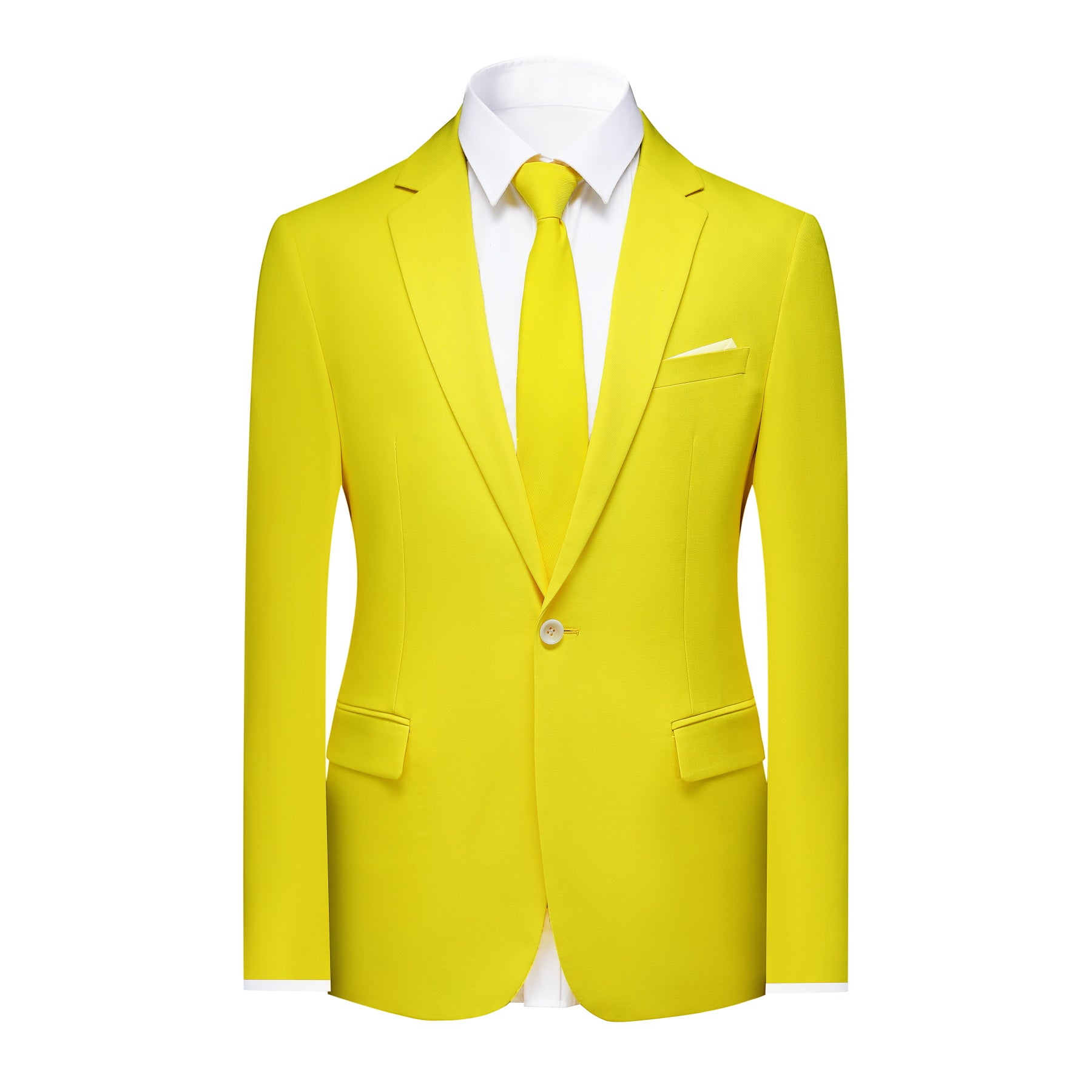 Light Yellow # Men's slim fit 2-piece casual suit with peaked lapel and simple elegant design, light yellow formal blazer jacket with four-button cuffs and matching flat-front trousers with extended waist strap for business, office, wedding and daily wear, isolated on white background.