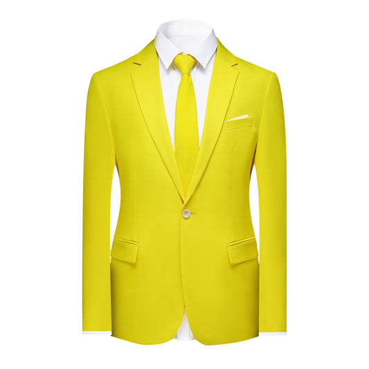 Light Yellow # Men's slim fit 2-piece casual suit with peaked lapel and simple elegant design, light yellow formal blazer jacket with four-button cuffs and matching flat-front trousers with extended waist strap for business, office, wedding and daily wear, isolated on white background.