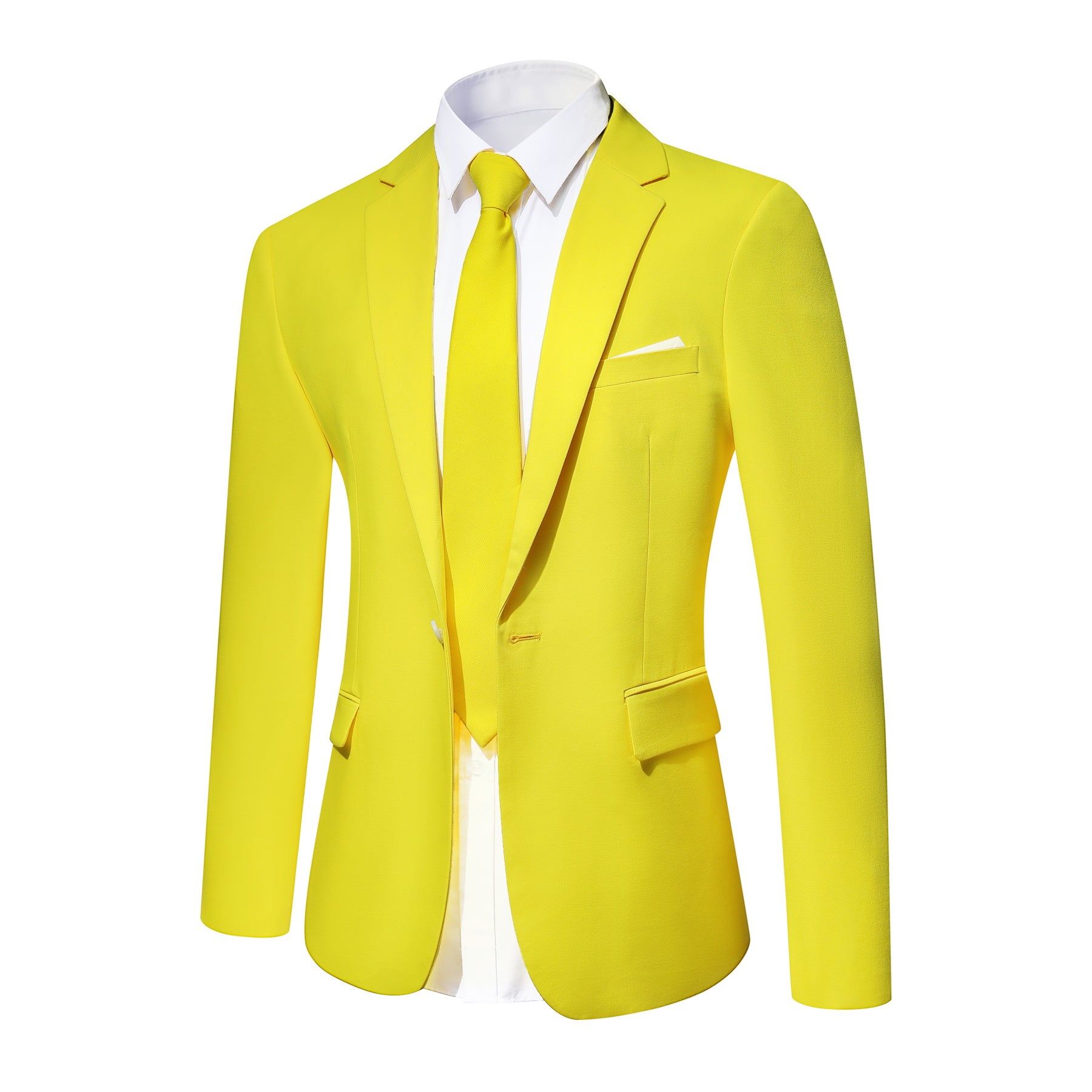 Light Yellow # Men's slim fit 2-piece casual suit with peaked lapel and simple elegant design, light yellow formal blazer jacket with four-button cuffs and matching flat-front trousers with extended waist strap for business, office, wedding and daily wear, isolated on white background.