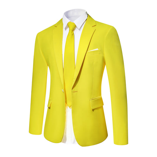 Light Yellow # Men's slim fit 2-piece casual suit with peaked lapel and simple elegant design, light yellow formal blazer jacket with four-button cuffs and matching flat-front trousers with extended waist strap for business, office, wedding and daily wear, isolated on white background.