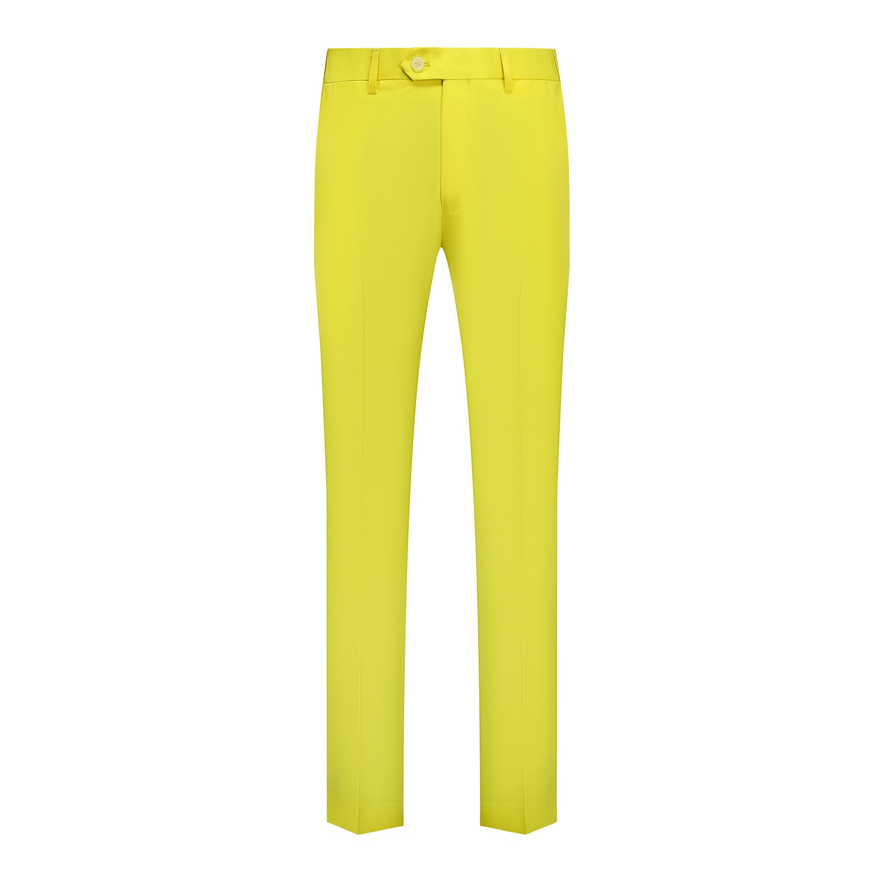 Light Yellow # Men's slim fit 2-piece casual suit with peaked lapel and simple elegant design, light yellow formal blazer jacket with four-button cuffs and matching flat-front trousers with extended waist strap for business, office, wedding and daily wear, isolated on white background.