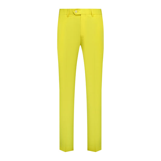 Light Yellow # Men's slim fit 2-piece casual suit with peaked lapel and simple elegant design, light yellow formal blazer jacket with four-button cuffs and matching flat-front trousers with extended waist strap for business, office, wedding and daily wear, isolated on white background.