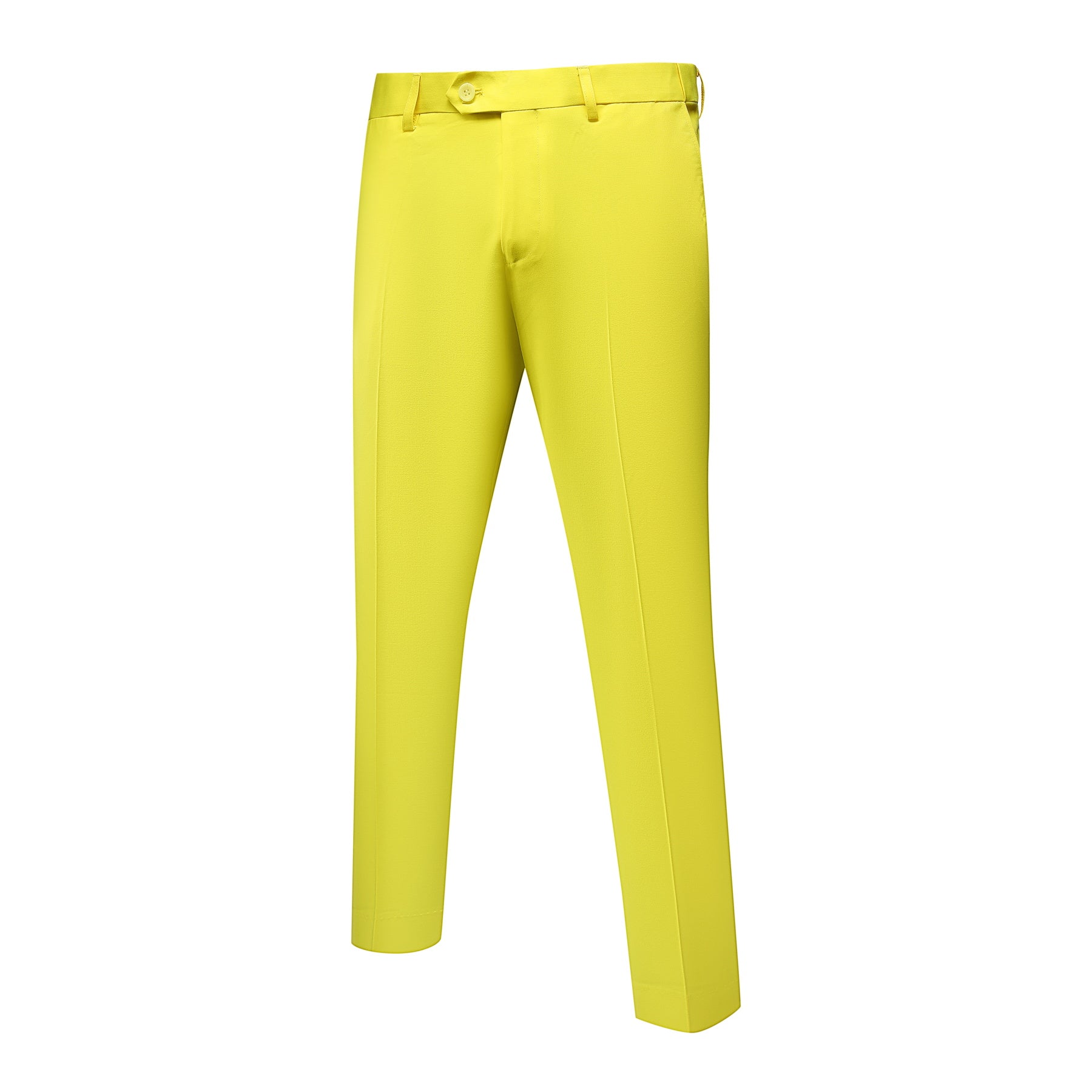 Light Yellow # Men's slim fit 2-piece casual suit with peaked lapel and simple elegant design, light yellow formal blazer jacket with four-button cuffs and matching flat-front trousers with extended waist strap for business, office, wedding and daily wear, isolated on white background.