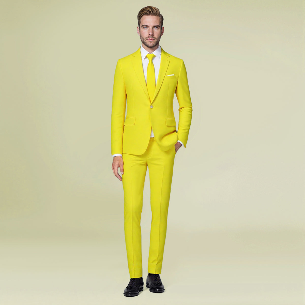 Light Yellow # Men's slim fit 2-piece casual suit with peaked lapel and simple elegant design, light yellow formal blazer jacket with four-button cuffs and matching flat-front trousers with extended waist strap for business, office, wedding and daily wear, isolated on white background.