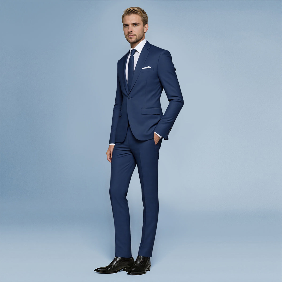 Navy # Men's slim fit 2-piece casual suit with peaked lapel and simple elegant design, navy formal blazer jacket with four-button sleeves and matching flat-front trousers with extended waist strap for business, office, wedding and daily wear, isolated on white background.
