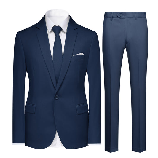 Navy # Men's slim fit 2-piece casual suit with peaked lapel and simple elegant design, navy formal blazer jacket with four-button sleeves and matching flat-front trousers with extended waist strap for business, office, wedding and daily wear, isolated on white background.