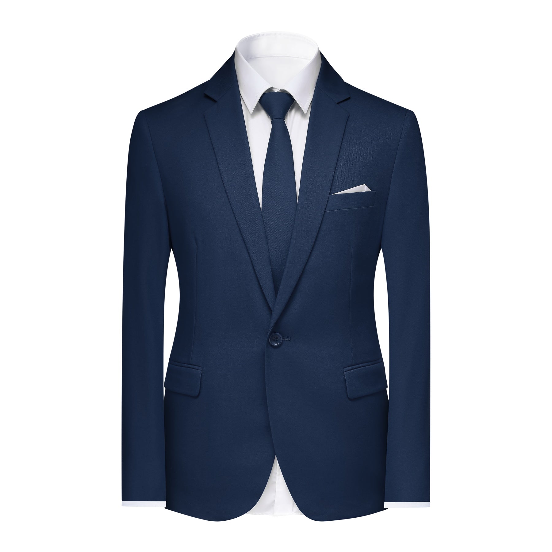 Navy # Men's slim fit 2-piece casual suit with peaked lapel and simple elegant design, navy formal blazer jacket with four-button sleeves and matching flat-front trousers with extended waist strap for business, office, wedding and daily wear, isolated on white background.
