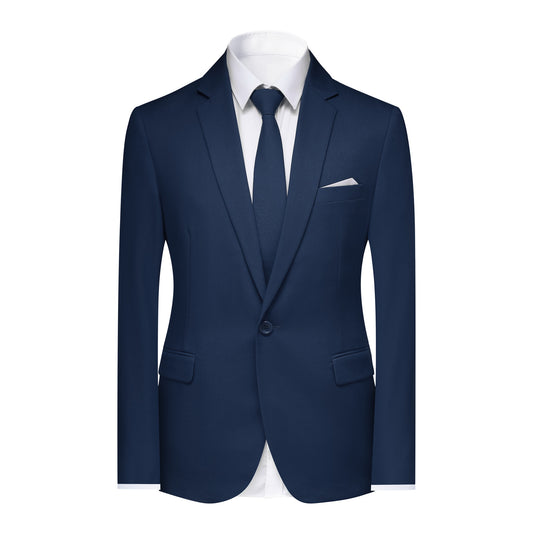 Navy # Men's slim fit 2-piece casual suit with peaked lapel and simple elegant design, navy formal blazer jacket with four-button sleeves and matching flat-front trousers with extended waist strap for business, office, wedding and daily wear, isolated on white background.