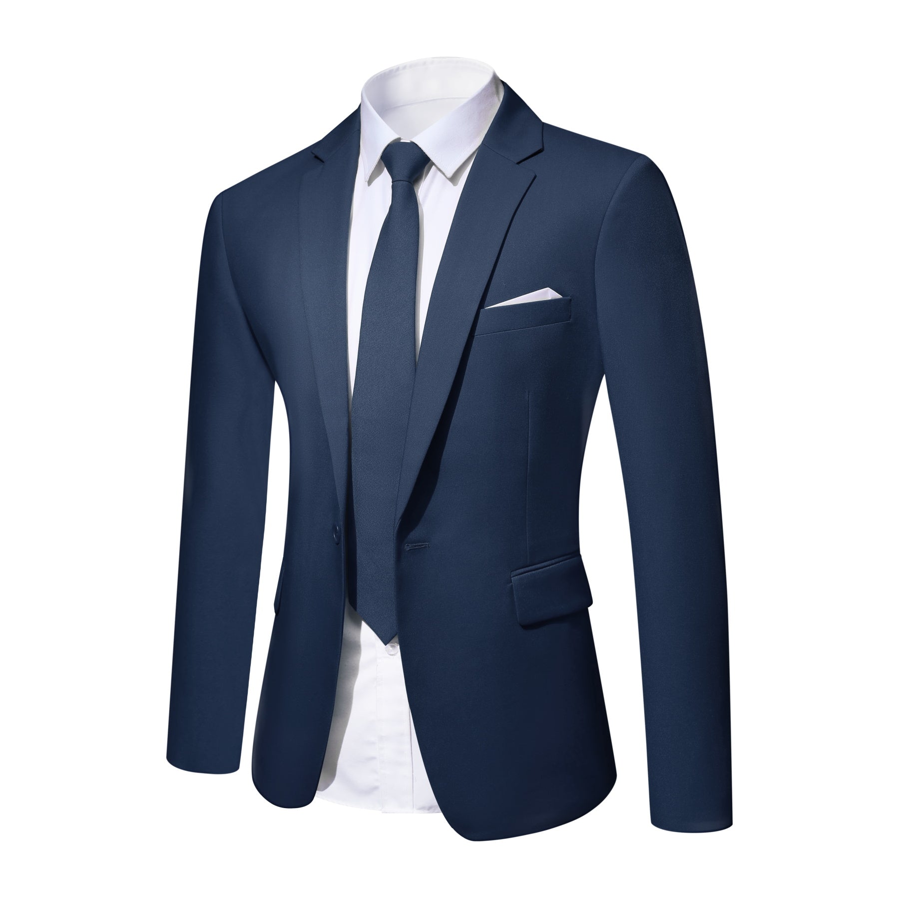 Navy # Men's slim fit 2-piece casual suit with peaked lapel and simple elegant design, navy formal blazer jacket with four-button sleeves and matching flat-front trousers with extended waist strap for business, office, wedding and daily wear, isolated on white background.