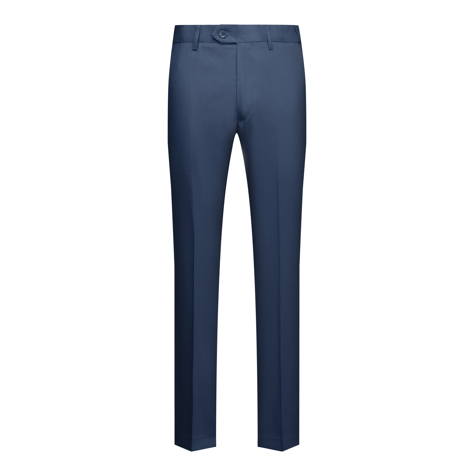 Navy # Men's slim fit 2-piece casual suit with peaked lapel and simple elegant design, navy formal blazer jacket with four-button sleeves and matching flat-front trousers with extended waist strap for business, office, wedding and daily wear, isolated on white background.