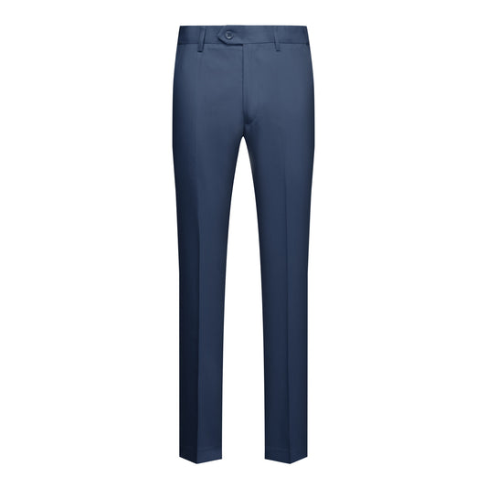Navy # Men's slim fit 2-piece casual suit with peaked lapel and simple elegant design, navy formal blazer jacket with four-button sleeves and matching flat-front trousers with extended waist strap for business, office, wedding and daily wear, isolated on white background.