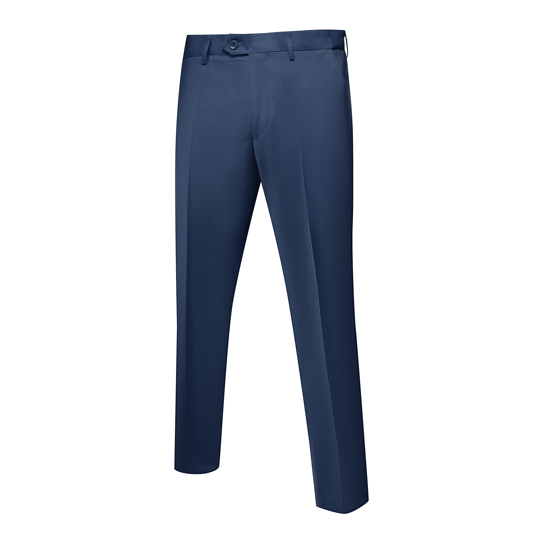 Navy # Men's slim fit 2-piece casual suit with peaked lapel and simple elegant design, navy formal blazer jacket with four-button sleeves and matching flat-front trousers with extended waist strap for business, office, wedding and daily wear, isolated on white background.