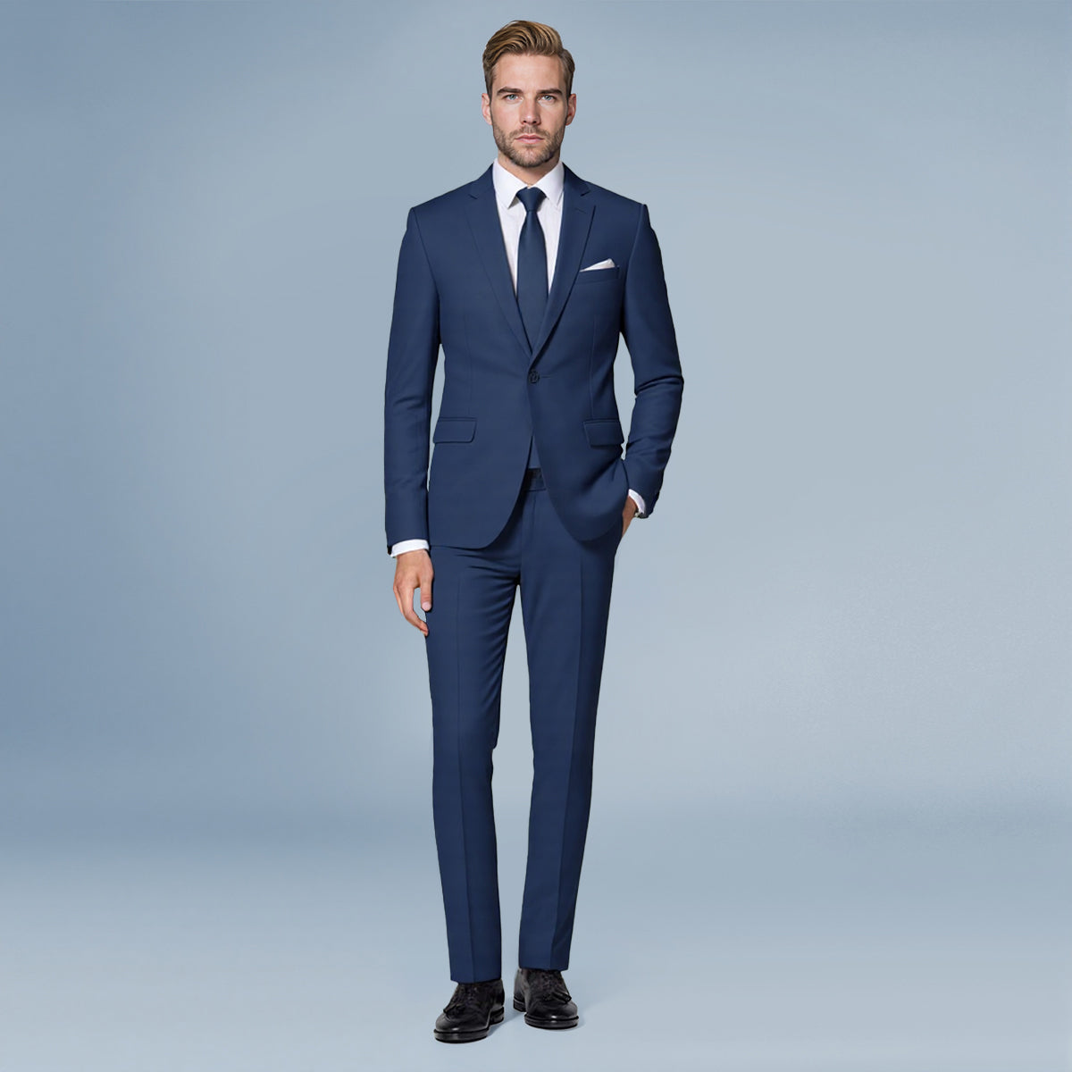 Navy # Men's slim fit 2-piece casual suit with peaked lapel and simple elegant design, navy formal blazer jacket with four-button sleeves and matching flat-front trousers with extended waist strap for business, office, wedding and daily wear, isolated on white background.