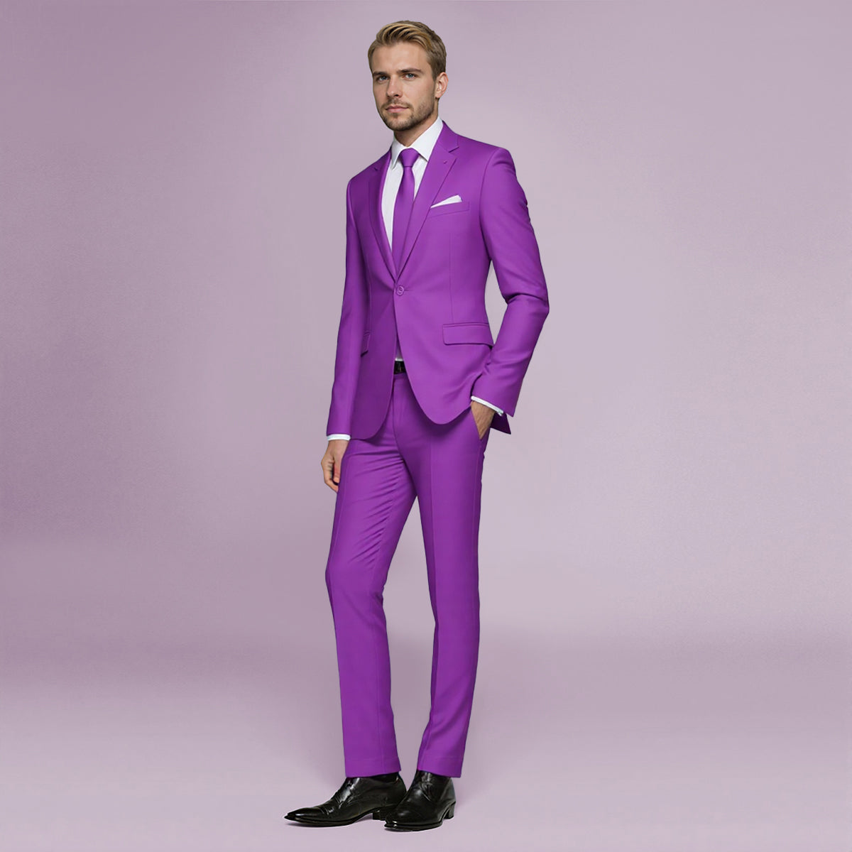 Purple # Men's slim fit 2-piece simple designed suit with peaked lapel and button closure, purple casual formal blazer jacket with four-button cuffs and matching flat-front trousers with extended waist strap, elegant polyester viscose blend suit for business, wedding, prom and daily wear, isolated on white background.