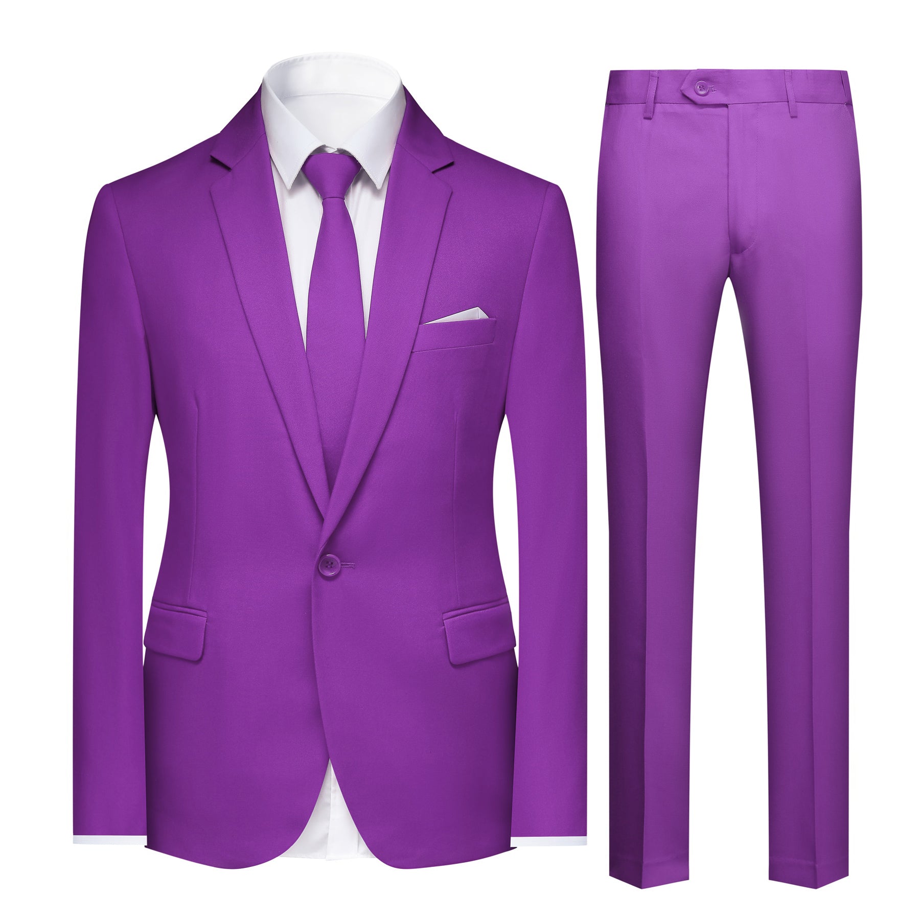 Purple # Men's slim fit 2-piece simple designed suit with peaked lapel and button closure, purple casual formal blazer jacket with four-button cuffs and matching flat-front trousers with extended waist strap, elegant polyester viscose blend suit for business, wedding, prom and daily wear, isolated on white background.