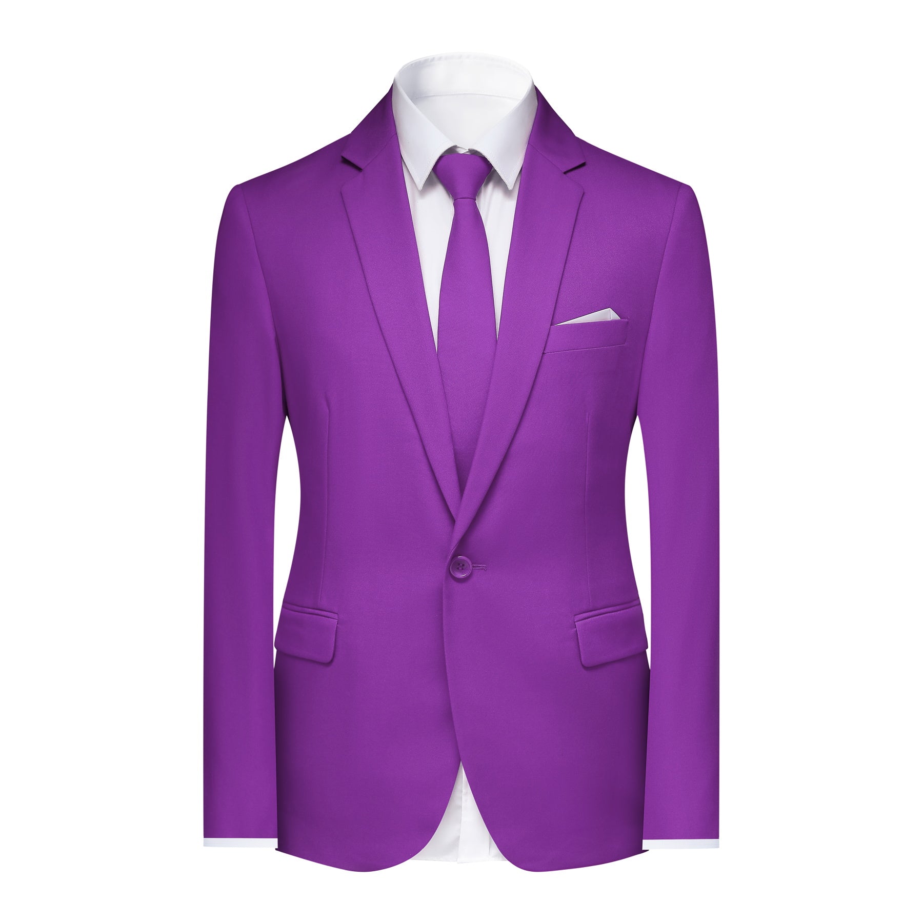 Purple # Men's slim fit 2-piece simple designed suit with peaked lapel and button closure, purple casual formal blazer jacket with four-button cuffs and matching flat-front trousers with extended waist strap, elegant polyester viscose blend suit for business, wedding, prom and daily wear, isolated on white background.