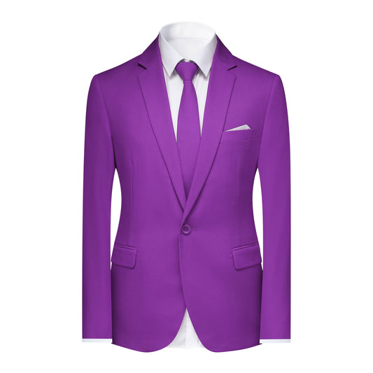 Purple # Men's slim fit 2-piece simple designed suit with peaked lapel and button closure, purple casual formal blazer jacket with four-button cuffs and matching flat-front trousers with extended waist strap, elegant polyester viscose blend suit for business, wedding, prom and daily wear, isolated on white background.