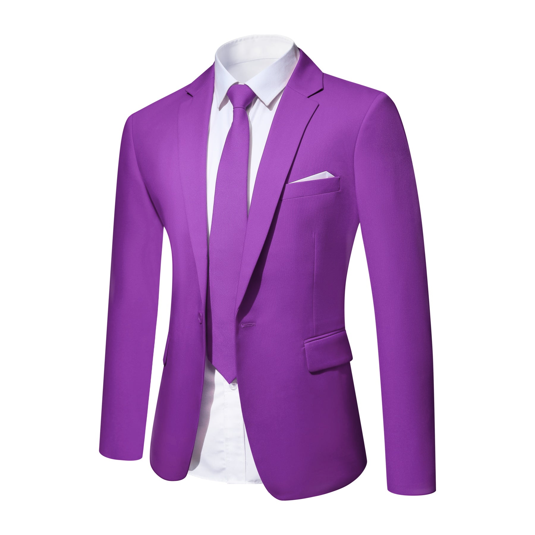 Purple # Men's slim fit 2-piece simple designed suit with peaked lapel and button closure, purple casual formal blazer jacket with four-button cuffs and matching flat-front trousers with extended waist strap, elegant polyester viscose blend suit for business, wedding, prom and daily wear, isolated on white background.