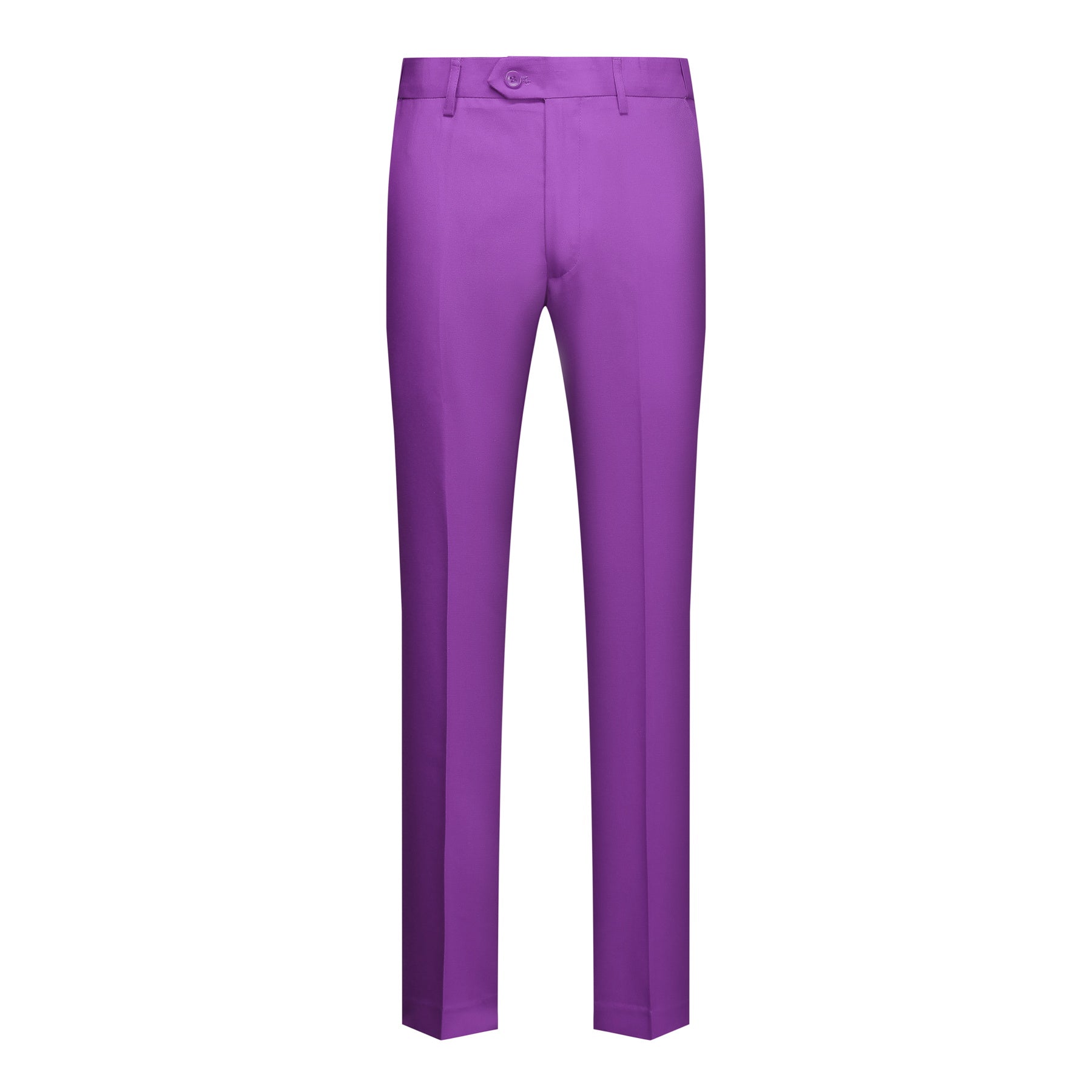 Purple # Men's slim fit 2-piece simple designed suit with peaked lapel and button closure, purple casual formal blazer jacket with four-button cuffs and matching flat-front trousers with extended waist strap, elegant polyester viscose blend suit for business, wedding, prom and daily wear, isolated on white background.