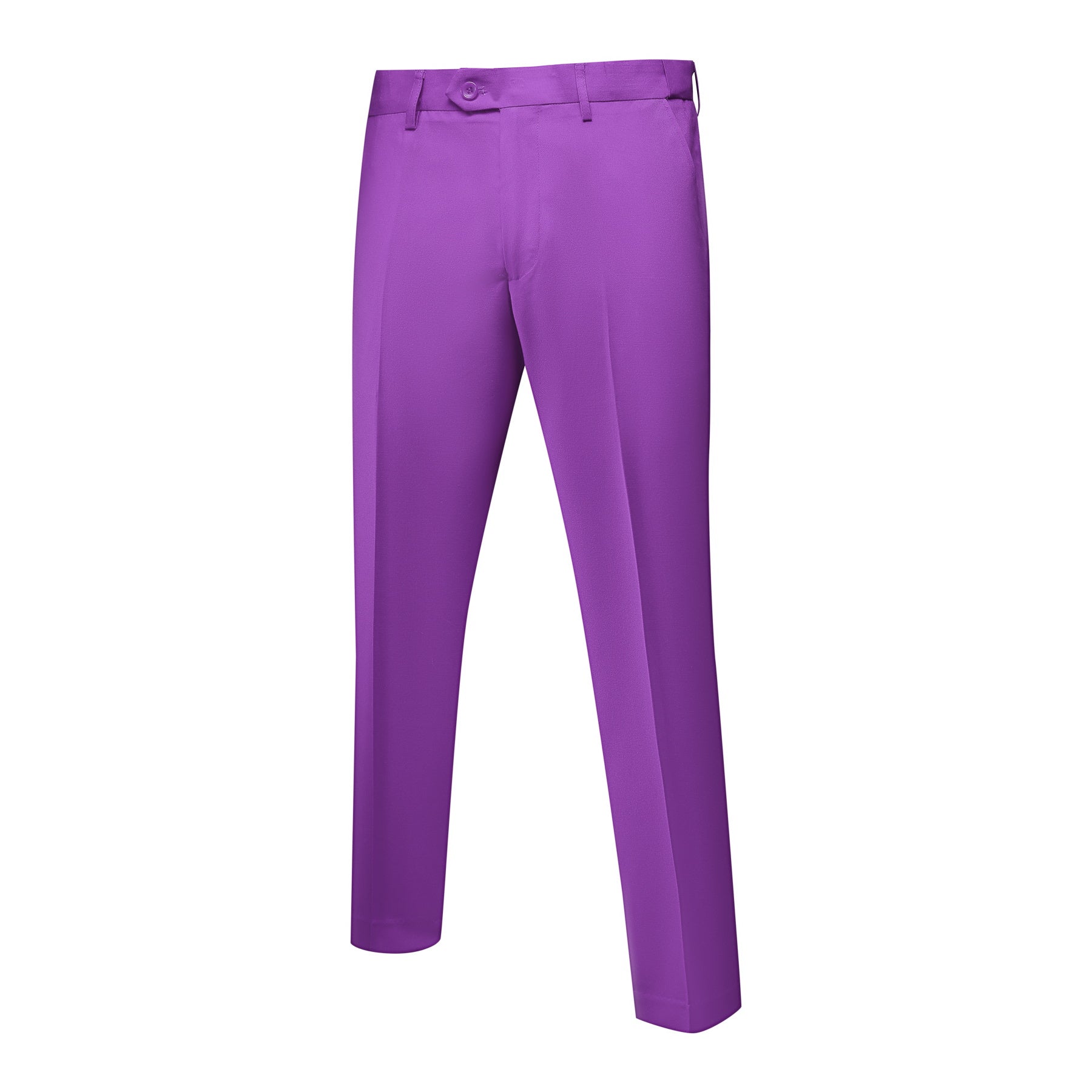 Purple # Men's slim fit 2-piece simple designed suit with peaked lapel and button closure, purple casual formal blazer jacket with four-button cuffs and matching flat-front trousers with extended waist strap, elegant polyester viscose blend suit for business, wedding, prom and daily wear, isolated on white background.
