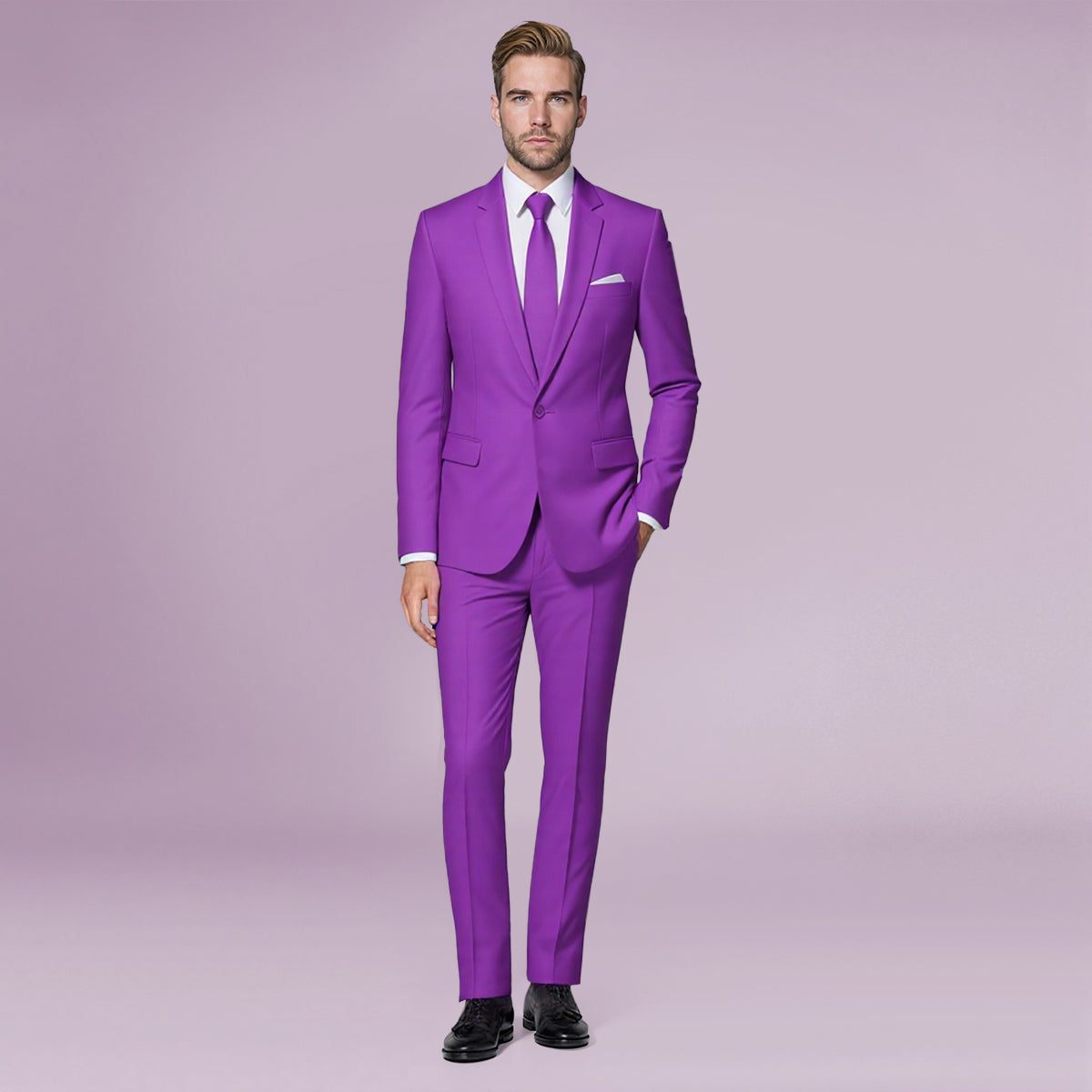 Purple # Men's slim fit 2-piece simple designed suit with peaked lapel and button closure, purple casual formal blazer jacket with four-button cuffs and matching flat-front trousers with extended waist strap, elegant polyester viscose blend suit for business, wedding, prom and daily wear, isolated on white background.