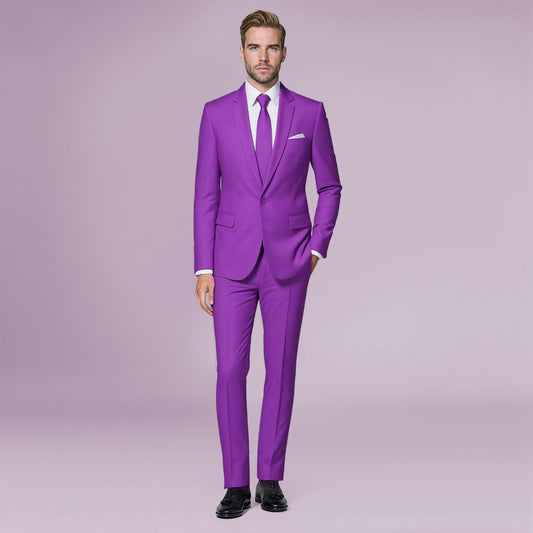 Purple # Men's slim fit 2-piece simple designed suit with peaked lapel and button closure, purple casual formal blazer jacket with four-button cuffs and matching flat-front trousers with extended waist strap, elegant polyester viscose blend suit for business, wedding, prom and daily wear, isolated on white background.