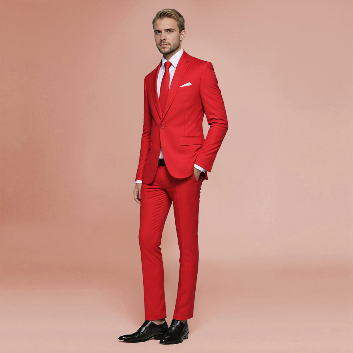 Red # Men's slim fit 2-piece simple designed casual suit with peaked lapel and button closure, red formal blazer jacket with four-button cuffs and matching flat-front trousers with extended waist strap, elegant polyester viscose blend suit for business, wedding, prom and daily wear, isolated on white background.