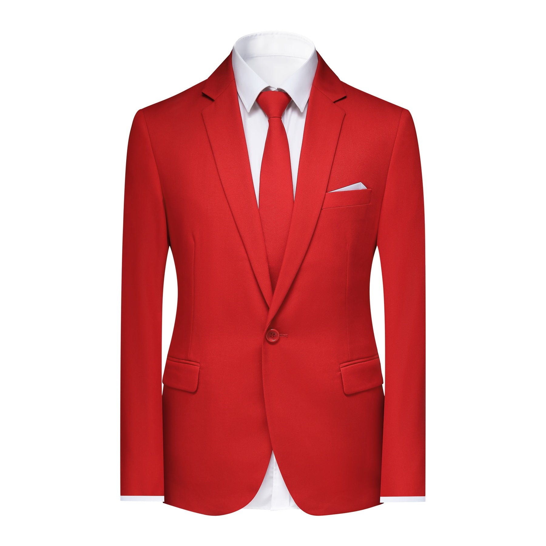 Red # Men's slim fit 2-piece simple designed casual suit with peaked lapel and button closure, red formal blazer jacket with four-button cuffs and matching flat-front trousers with extended waist strap, elegant polyester viscose blend suit for business, wedding, prom and daily wear, isolated on white background.