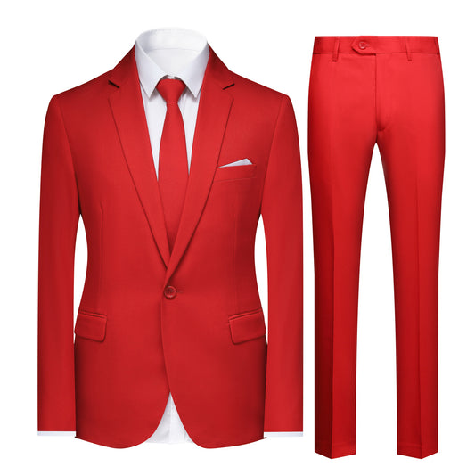 Red # Men's slim fit 2-piece simple designed casual suit with peaked lapel and button closure, red formal blazer jacket with four-button cuffs and matching flat-front trousers with extended waist strap, elegant polyester viscose blend suit for business, wedding, prom and daily wear, isolated on white background.