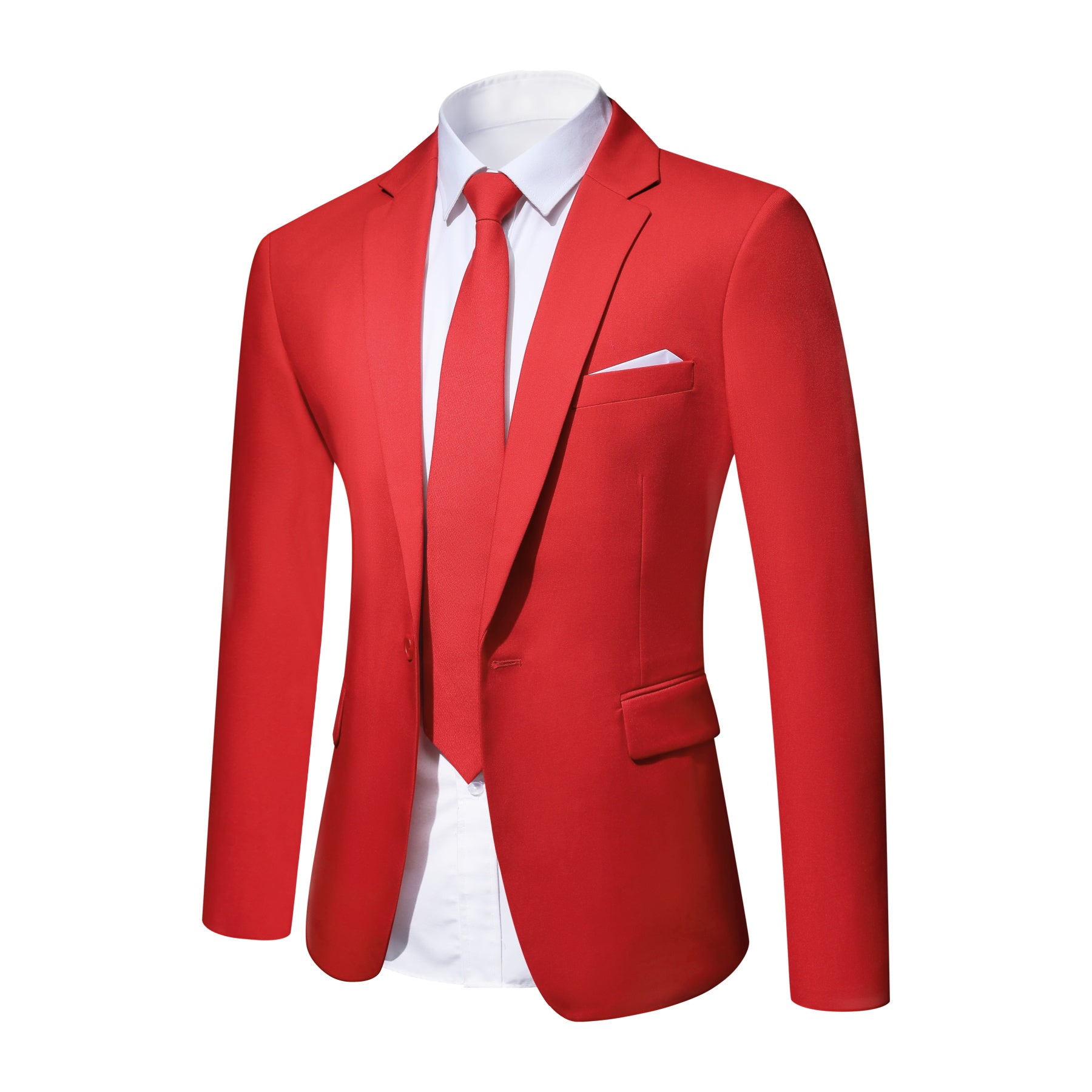 Red # Men's slim fit 2-piece simple designed casual suit with peaked lapel and button closure, red formal blazer jacket with four-button cuffs and matching flat-front trousers with extended waist strap, elegant polyester viscose blend suit for business, wedding, prom and daily wear, isolated on white background.
