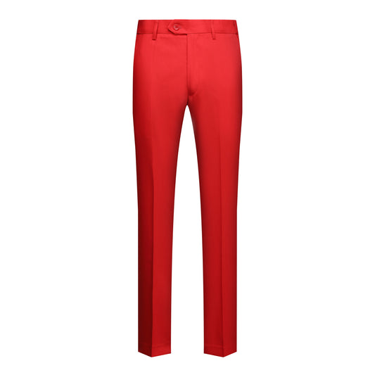 Red # Men's slim fit 2-piece simple designed casual suit with peaked lapel and button closure, red formal blazer jacket with four-button cuffs and matching flat-front trousers with extended waist strap, elegant polyester viscose blend suit for business, wedding, prom and daily wear, isolated on white background.