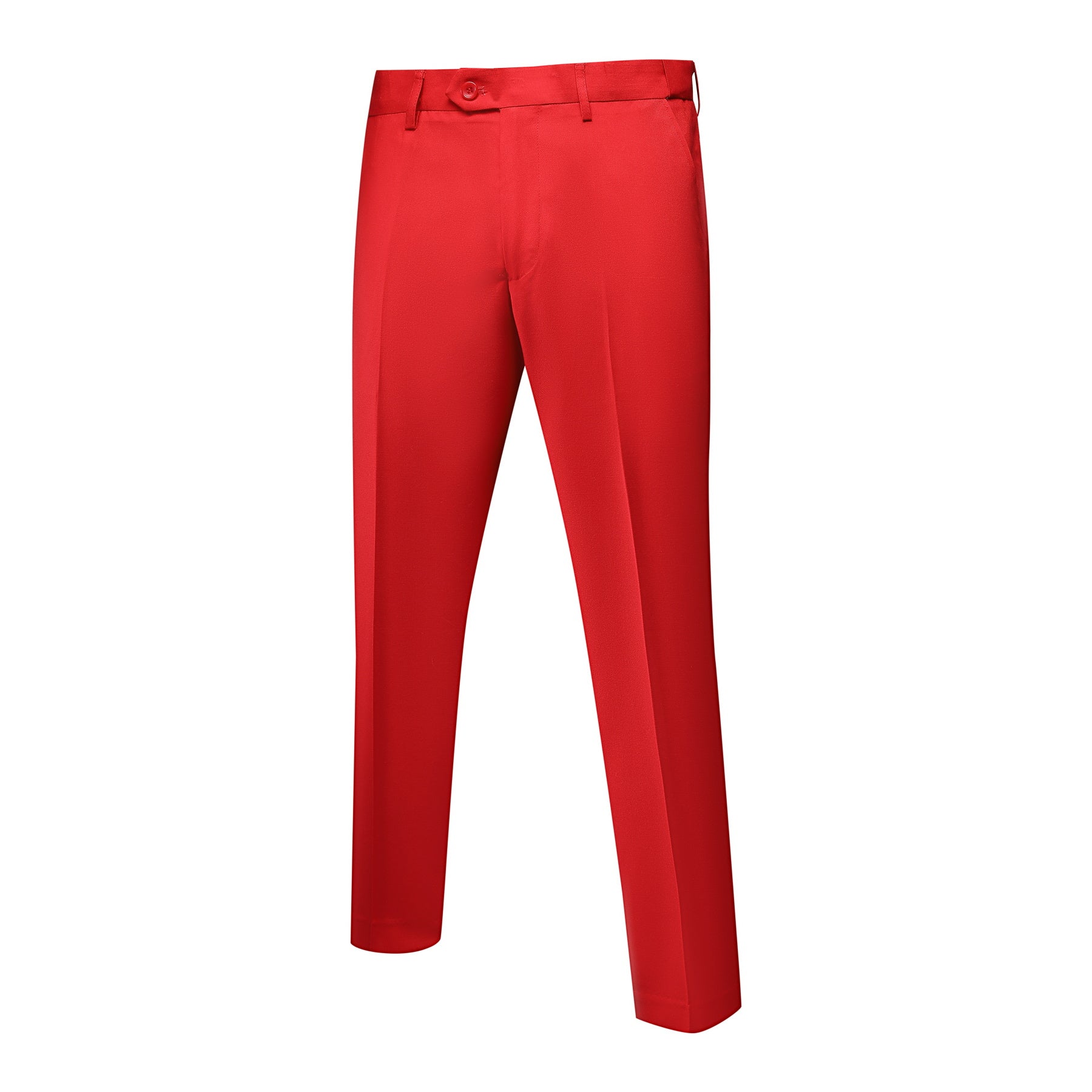 Red # Men's slim fit 2-piece simple designed casual suit with peaked lapel and button closure, red formal blazer jacket with four-button cuffs and matching flat-front trousers with extended waist strap, elegant polyester viscose blend suit for business, wedding, prom and daily wear, isolated on white background.