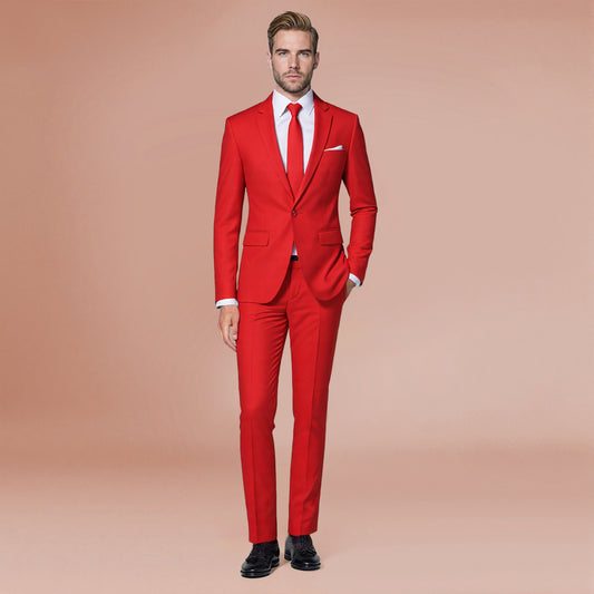 Red # Men's slim fit 2-piece simple designed casual suit with peaked lapel and button closure, red formal blazer jacket with four-button cuffs and matching flat-front trousers with extended waist strap, elegant polyester viscose blend suit for business, wedding, prom and daily wear, isolated on white background.