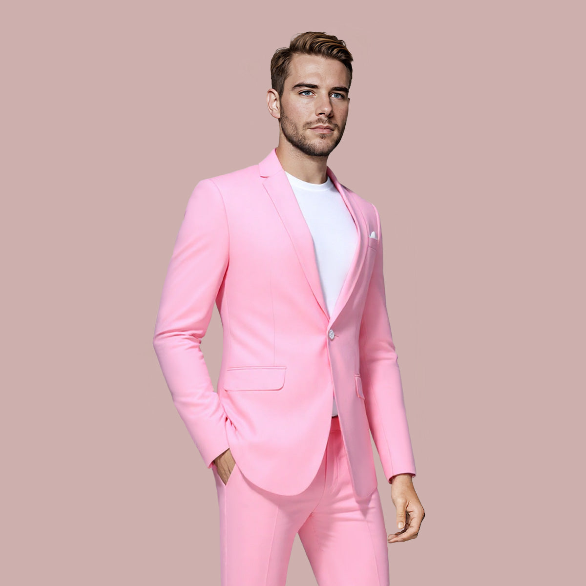 Pink # Men's one-button casual blazer with flat collar and single-breasted closure, stylish pink sport coat jacket with premium polyester viscose blend fabric and eco-friendly buttons for business, office, wedding and daily wear, isolated on white background.