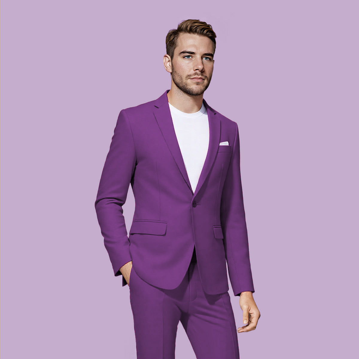 Purple # Men's one-button casual blazer with flat collar and single-breasted closure, stylish purple sport coat jacket with premium polyester viscose blend fabric and eco-friendly buttons for business, office, wedding and daily wear, isolated on white background.