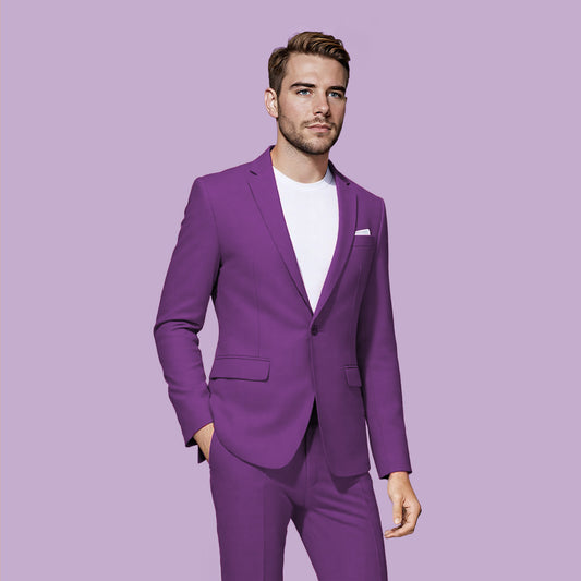 Purple # Men's one-button casual blazer with flat collar and single-breasted closure, stylish purple sport coat jacket with premium polyester viscose blend fabric and eco-friendly buttons for business, office, wedding and daily wear, isolated on white background.
