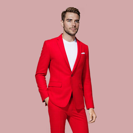 Red # Men's one-button casual blazer with flat collar and single-breasted closure, stylish red sport coat jacket with premium polyester viscose blend fabric and eco-friendly buttons for business, office, wedding and daily wear, isolated on white background.