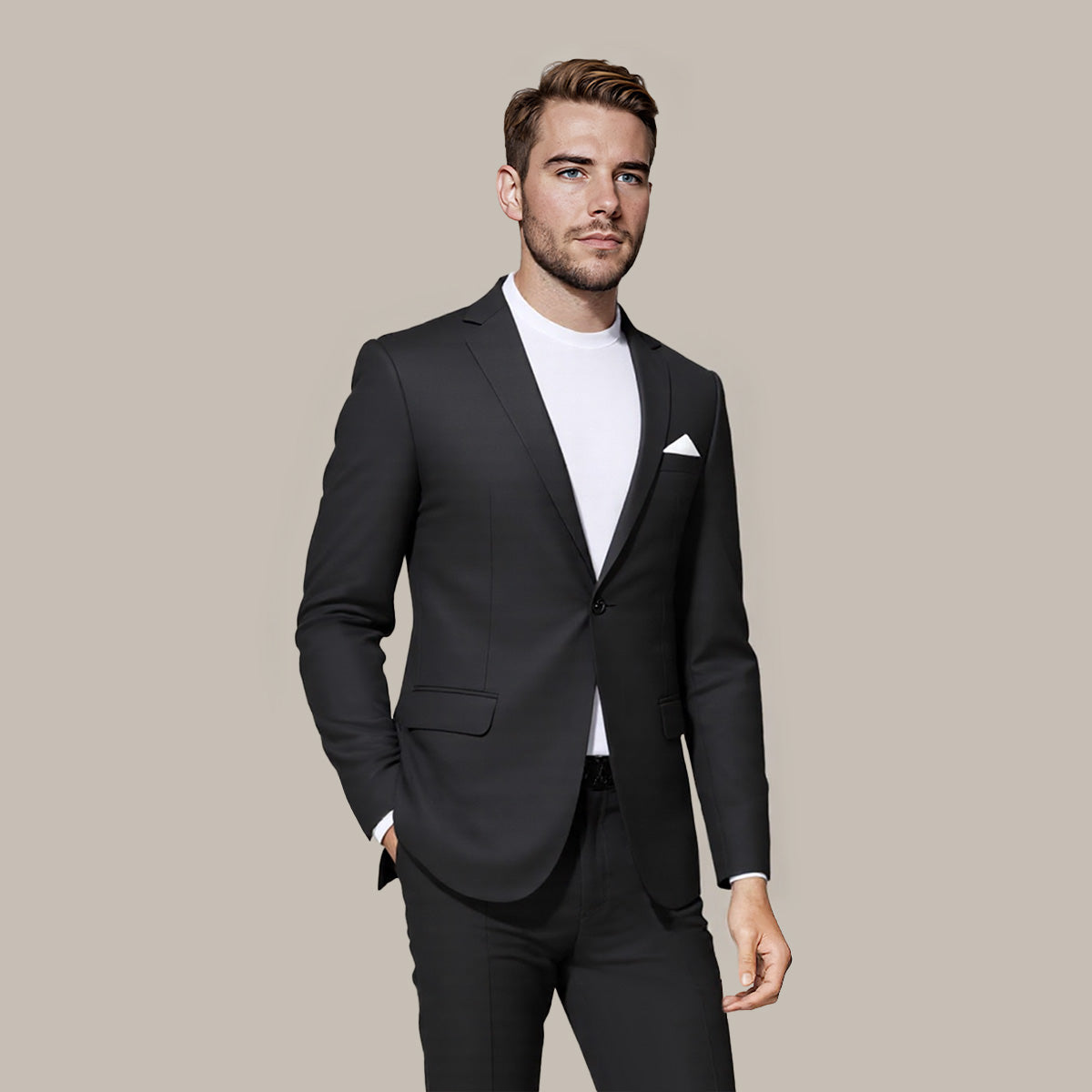Black # Men's one-button casual blazer with flat collar and single-breasted closure, stylish black sport coat jacket with premium polyester viscose blend fabric and eco-friendly buttons for business, office, wedding and daily wear, isolated on white background.