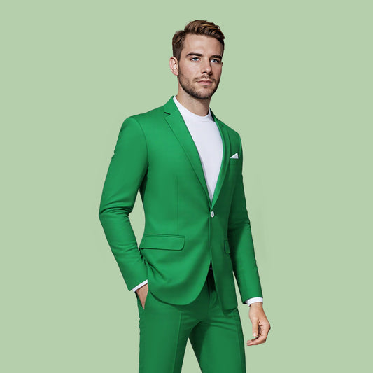 Green # Men's one-button casual blazer with flat collar and single-breasted closure, stylish green sport coat jacket with premium polyester viscose blend fabric and eco-friendly buttons for business, office, wedding and daily wear, isolated on white background.