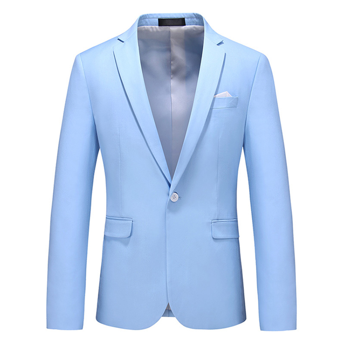 Light Blue # Men's one-button casual blazer with flat collar and single-breasted closure, stylish light blue sport coat jacket with premium polyester viscose blend fabric and eco-friendly buttons for business, office, wedding and daily wear, isolated on white background.
