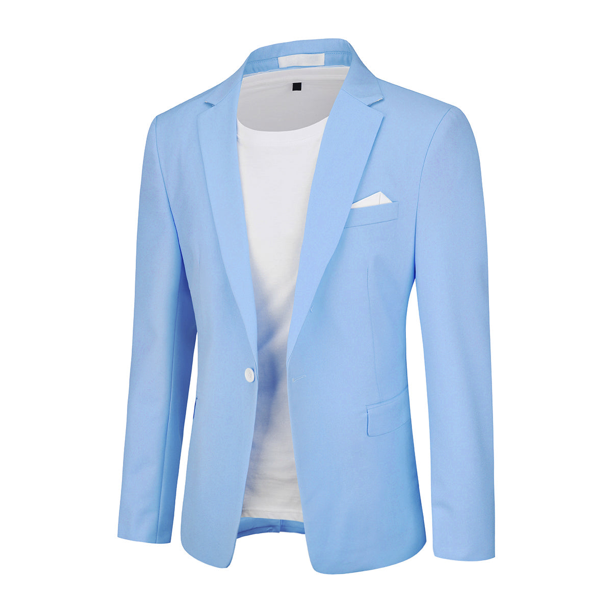 Light Blue # Men's one-button casual blazer with flat collar and single-breasted closure, stylish light blue sport coat jacket with premium polyester viscose blend fabric and eco-friendly buttons for business, office, wedding and daily wear, isolated on white background.