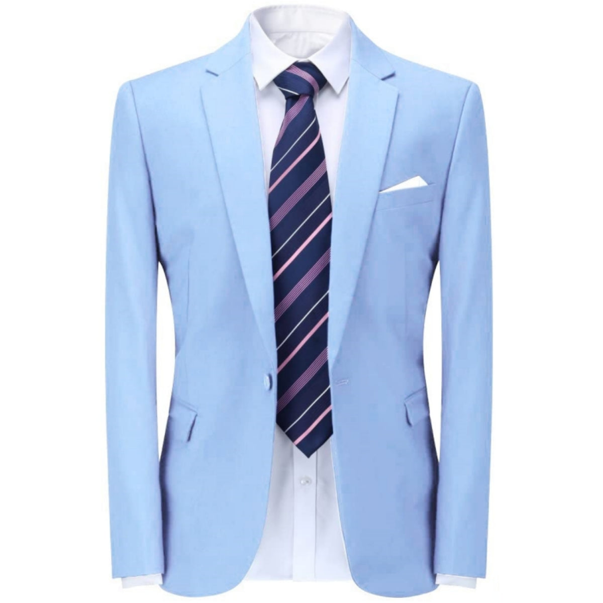 Light Blue # Men's one-button casual blazer with flat collar and single-breasted closure, stylish light blue sport coat jacket with premium polyester viscose blend fabric and eco-friendly buttons for business, office, wedding and daily wear, isolated on white background.