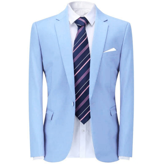 Light Blue # Men's one-button casual blazer with flat collar and single-breasted closure, stylish light blue sport coat jacket with premium polyester viscose blend fabric and eco-friendly buttons for business, office, wedding and daily wear, isolated on white background.