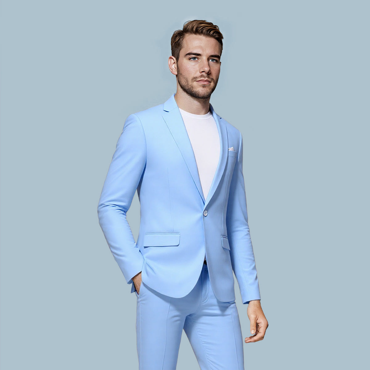 Light Blue # Men's one-button casual blazer with flat collar and single-breasted closure, stylish light blue sport coat jacket with premium polyester viscose blend fabric and eco-friendly buttons for business, office, wedding and daily wear, isolated on white background.